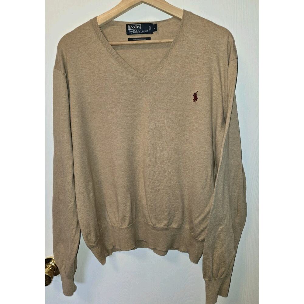 Polo By Ralph Lauren Large Pima Cotton V Neck SweaterTan Burgundy Pony